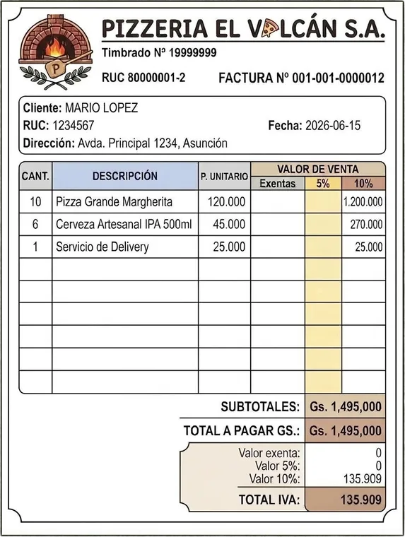 Una factura emitida, con el timbrado, el número y la liquidación del IVA